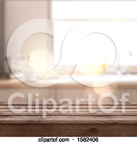 Clipart of a 3d Wood Counter in a Blurred Kitchen - Royalty Free Illustration by KJ Pargeter