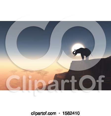 Clipart of a 3d Silhouetted Elephant on a Cliff Against a Sunset - Royalty Free Illustration by KJ Pargeter