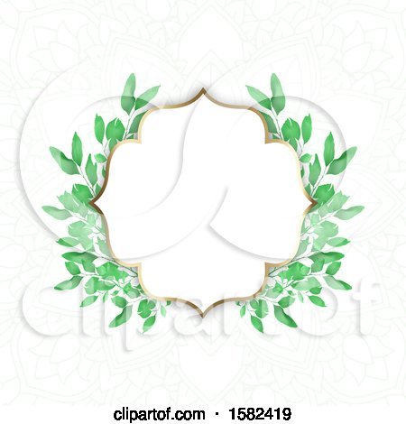Clipart of a Blank Frame with Watercolor Green Leaves on Mandala - Royalty Free Vector Illustration by KJ Pargeter