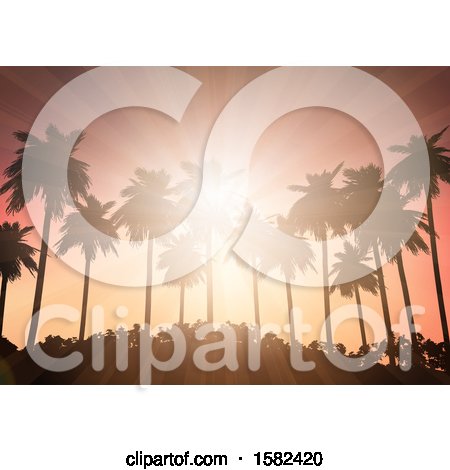 Clipart of a Tropical Sunset with Rays and Silhouetted Palm Trees and Foliage - Royalty Free Vector Illustration by KJ Pargeter