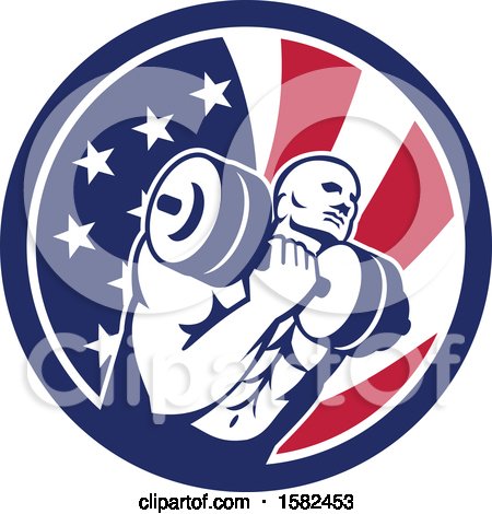 Clipart of a Retro Muscular Male Crossfit Bodybuilder Athlete Holding a Barbell or Dumbbell in an American Flag Circle - Royalty Free Vector Illustration by patrimonio