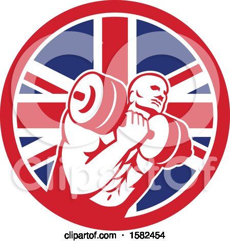 Clipart of a Retro Muscular Male Crossfit Bodybuilder Athlete Holding a Barbell or Dumbbell in a Union Jack Flag Circle - Royalty Free Vector Illustration by patrimonio