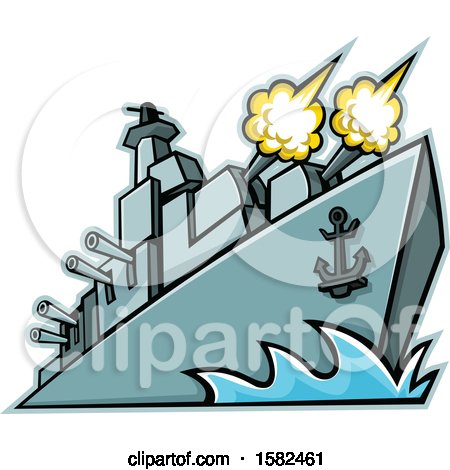 Clipart of a Warship American Destroyer Firing Cannons - Royalty Free Vector Illustration by patrimonio