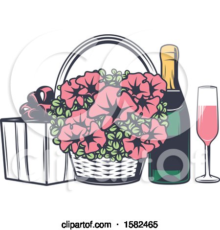 Clipart of a Retro Wedding Basket of Flowers and Champagne with a Gift - Royalty Free Vector Illustration by Vector Tradition SM