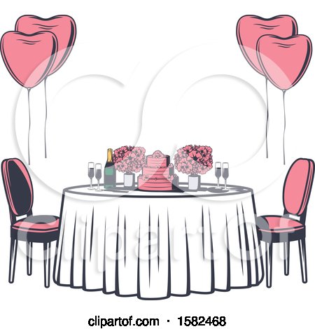 Clipart of a Retro Table with Flowers, Balloons and a Wedding Cake - Royalty Free Vector Illustration by Vector Tradition SM