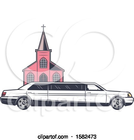 Clipart of a Retro Wedding Limo Parked by a Church - Royalty Free Vector Illustration by Vector Tradition SM