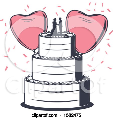 Clipart of a Retro Wedding Cake with Heart Balloons and Confetti - Royalty Free Vector Illustration by Vector Tradition SM