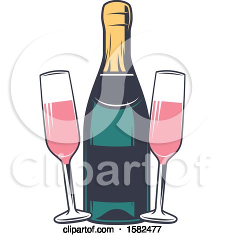 Clipart of a Retro Bottle and Glasses of Pink Champagne - Royalty Free Vector Illustration by Vector Tradition SM