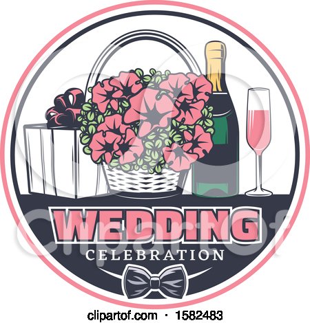 Clipart of a Retro Wedding Basket of Flowers and Champagne with a Gift - Royalty Free Vector Illustration by Vector Tradition SM