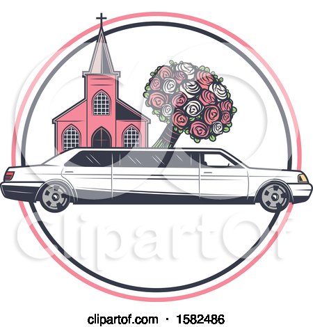 Clipart of a Retro Wedding Limo Parked by a Church, with a Boquet - Royalty Free Vector Illustration by Vector Tradition SM