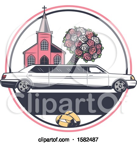 Clipart of a Retro Wedding Limo Parked by a Church, with a Boquet - Royalty Free Vector Illustration by Vector Tradition SM