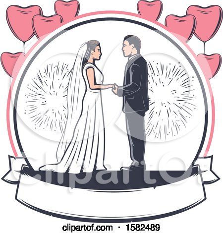 Clipart of a Retro Wedding Couple with Fireworks and Heart Balloons over a Banner - Royalty Free Vector Illustration by Vector Tradition SM
