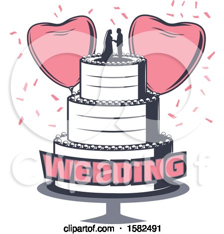 Clipart of a Retro Wedding Cake with Heart Balloons and Confetti - Royalty Free Vector Illustration by Vector Tradition SM