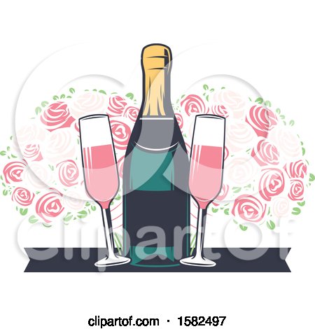Clipart of a Retro Bottle and Glasses of Pink Champagne - Royalty Free Vector Illustration by Vector Tradition SM