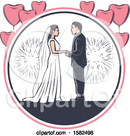 Clipart of a Retro Wedding Couple with Fireworks and Heart Balloons - Royalty Free Vector Illustration by Vector Tradition SM