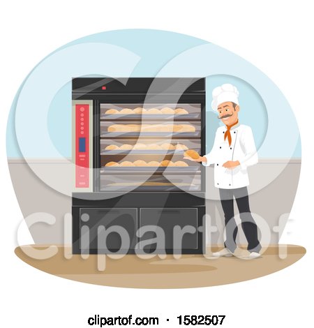 Clipart of a Male Chef Baker Holding Bread by an Oven - Royalty Free Vector Illustration by Vector Tradition SM