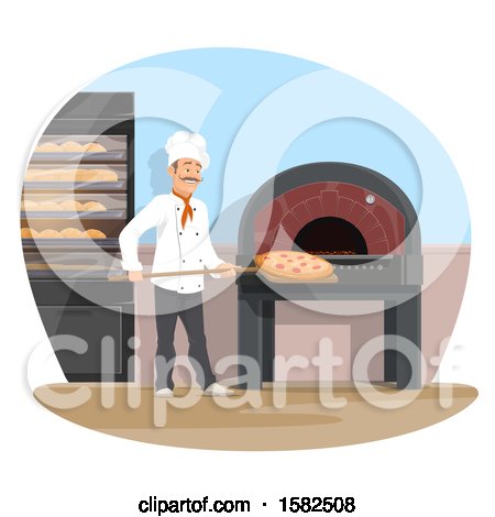 Clipart of a Male Chef Cooking Wood Fired Brick Oven Pizza - Royalty Free Vector Illustration by Vector Tradition SM