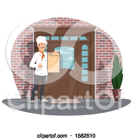 Clipart of a Male Chef Holding a Menu by a Door - Royalty Free Vector Illustration by Vector Tradition SM
