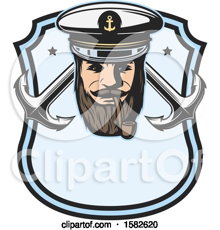 Clipart of a Sea Captain Smoking a Pipe, over Crossed Anchors in a Shield - Royalty Free Vector Illustration by Vector Tradition SM