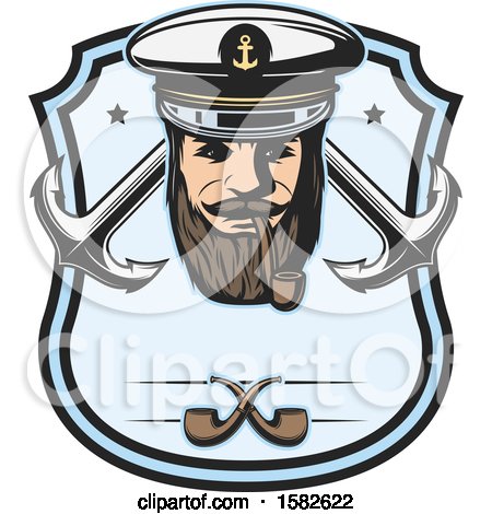 Clipart of a Sea Captain Smoking a Pipe, over Crossed Anchors in a Shield - Royalty Free Vector Illustration by Vector Tradition SM