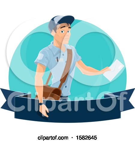 Clipart of a Mail Man over a Banner - Royalty Free Vector Illustration by Vector Tradition SM