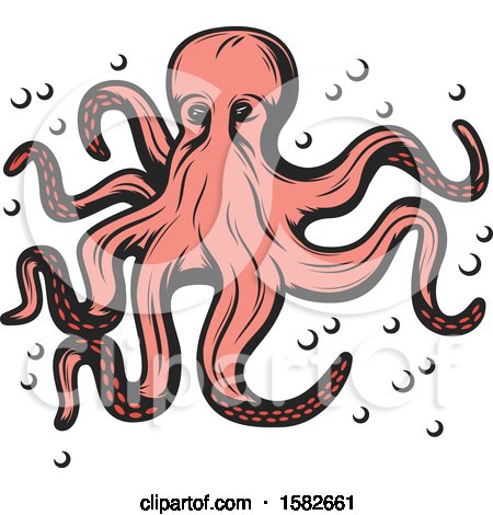 Clipart of a Retro Pink Octopus with Bubbles - Royalty Free Vector Illustration by Vector Tradition SM