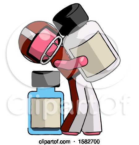 Pink Football Player Man Holding Large White Medicine Bottle with Bottle in Background by Leo Blanchette