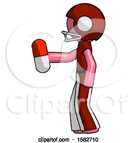 Pink Football Player Man Holding Red Pill Walking to Left by Leo Blanchette