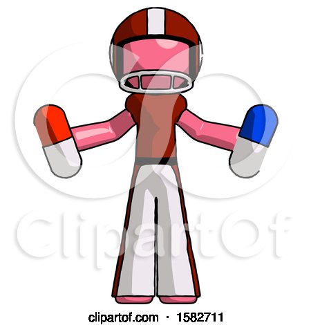 Pink Football Player Man Holding a Red Pill and Blue Pill by Leo Blanchette