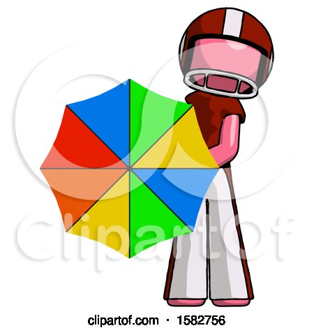 Pink Football Player Man Holding Rainbow Umbrella out to Viewer by Leo Blanchette
