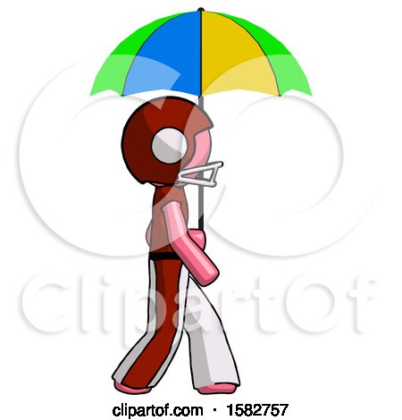 Pink Football Player Man Walking with Colored Umbrella by Leo Blanchette