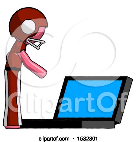 Pink Football Player Man Using Large Laptop Computer Side Orthographic View by Leo Blanchette