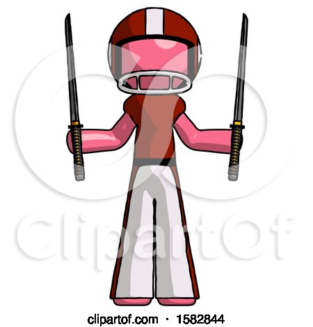 Pink Football Player Man Posing with Two Ninja Sword Katanas up by Leo Blanchette
