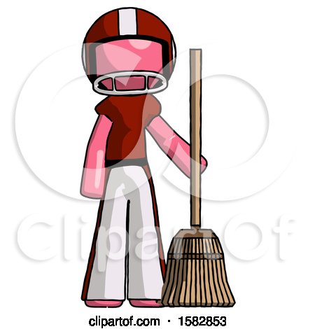 Pink Football Player Man Standing with Broom Cleaning Services by Leo Blanchette