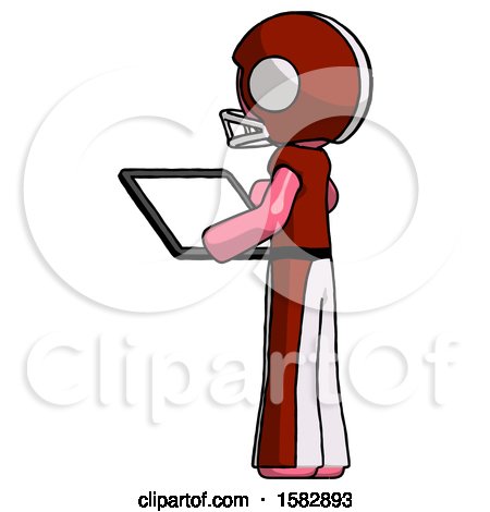 Pink Football Player Man Looking at Tablet Device Computer with Back to Viewer by Leo Blanchette