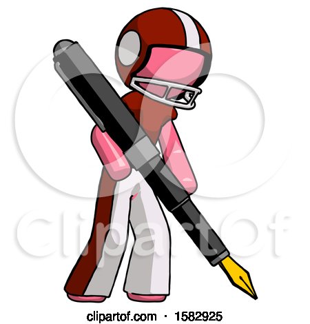 Pink Football Player Man Drawing or Writing with Large Calligraphy Pen by Leo Blanchette