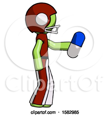 Green Football Player Man Holding Blue Pill Walking to Right by Leo Blanchette