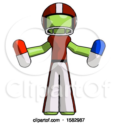 Green Football Player Man Holding a Red Pill and Blue Pill by Leo Blanchette