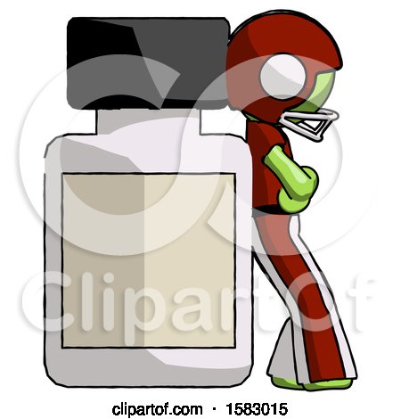 Green Football Player Man Leaning Against Large Medicine Bottle by Leo Blanchette