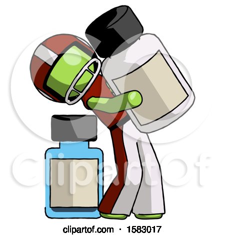 Green Football Player Man Holding Large White Medicine Bottle with Bottle in Background by Leo Blanchette