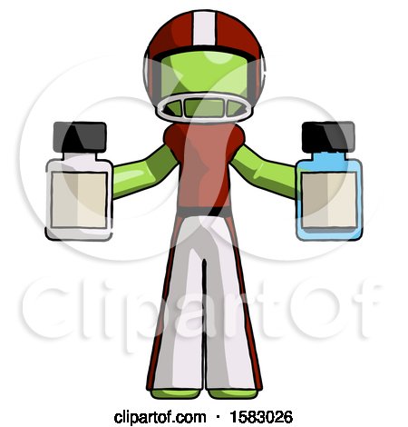 Green Football Player Man Holding Two Medicine Bottles by Leo Blanchette