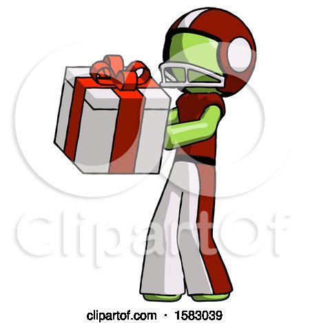 Green Football Player Man Presenting a Present with Large Red Bow on It by Leo Blanchette