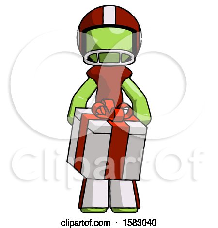Green Football Player Man Gifting Present with Large Bow Front View by Leo Blanchette