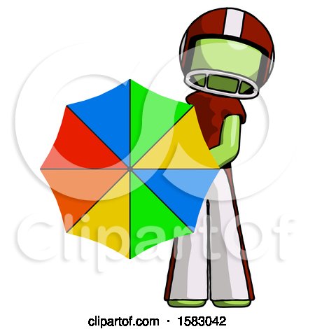 Green Football Player Man Holding Rainbow Umbrella out to Viewer by Leo Blanchette