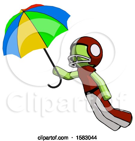 Green Football Player Man Flying with Rainbow Colored Umbrella by Leo Blanchette