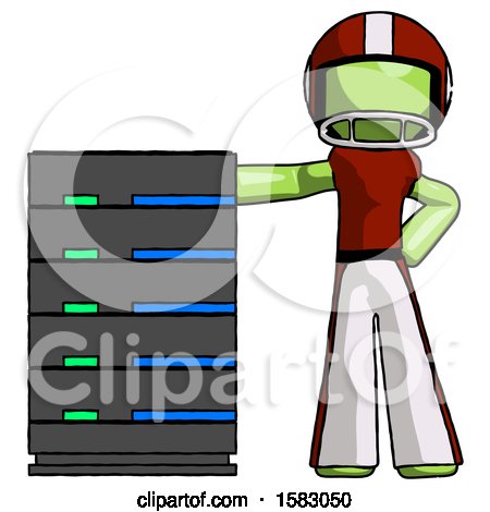 Green Football Player Man with Server Rack Leaning Confidently Against It by Leo Blanchette