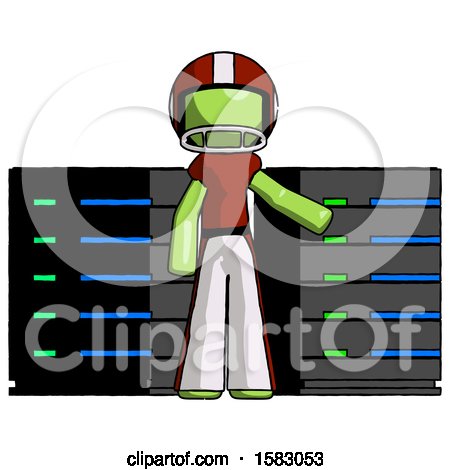 Green Football Player Man with Server Racks, in Front of Two Networked Systems by Leo Blanchette