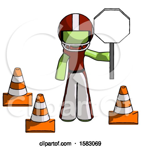 Green Football Player Man Holding Stop Sign by Traffic Cones Under Construction Concept by Leo Blanchette
