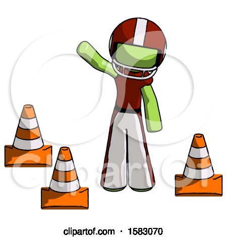 Green Football Player Man Standing by Traffic Cones Waving by Leo Blanchette