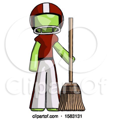 Green Football Player Man Standing with Broom Cleaning Services by Leo Blanchette